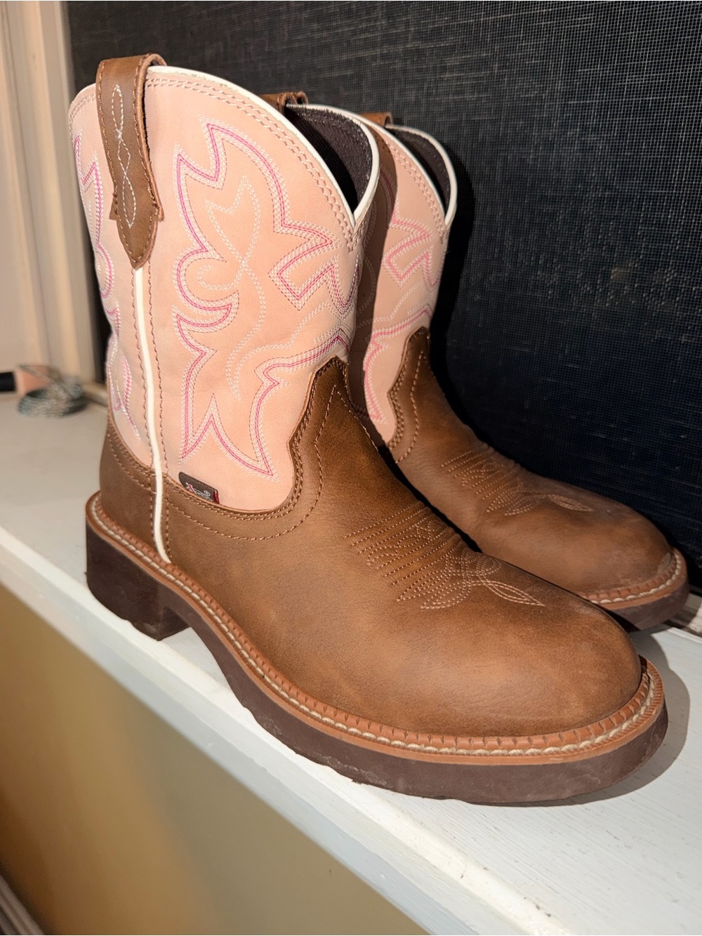 Justin Boots Brown Foot Pink Shaft Lace-Up Western Boots